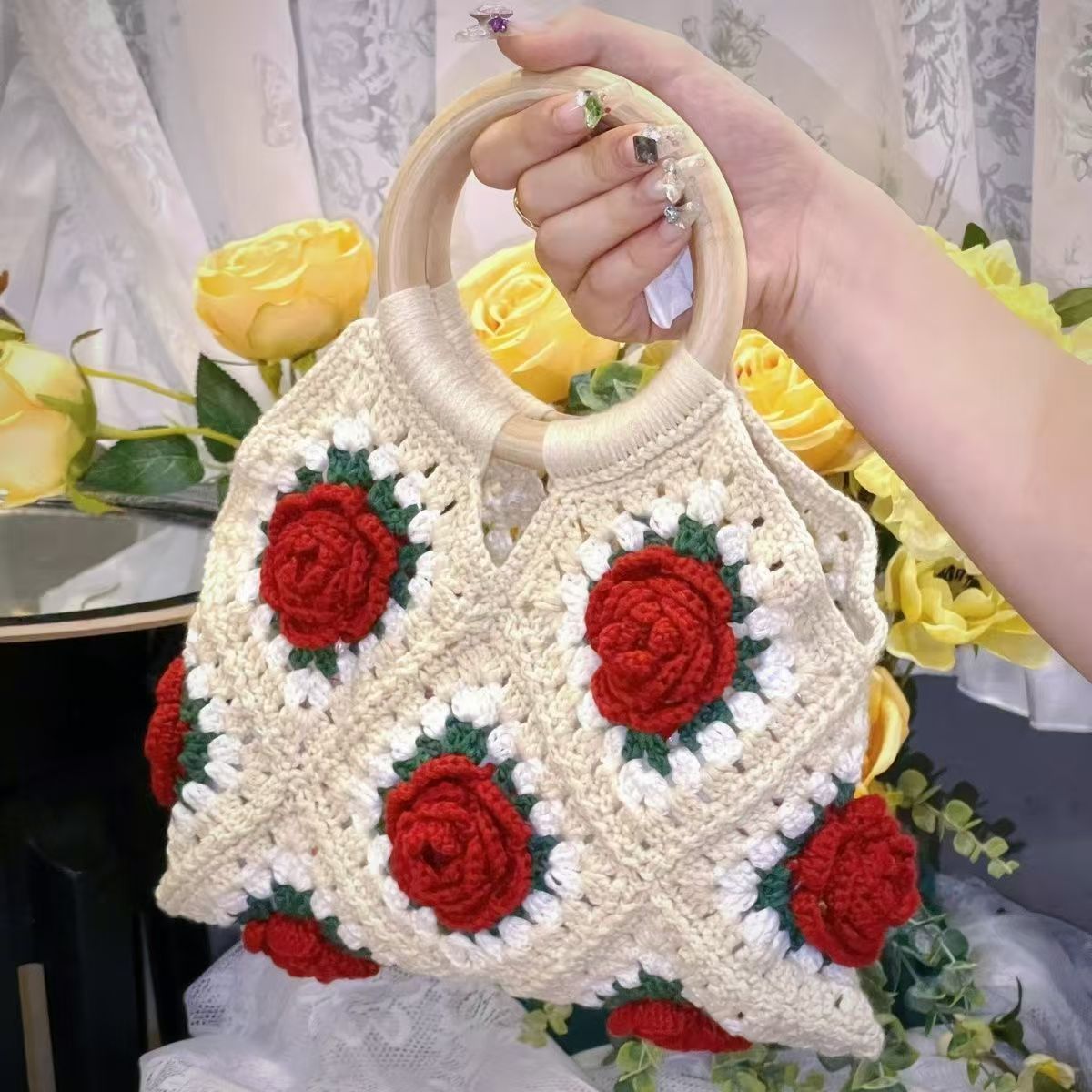 Crochet Handbag Fashion Handmade Camellia Rose Flower Bag Finish Bag As Gift