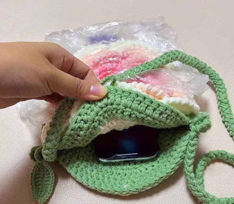 Handmade Rose Pouch Crochet Rose Bag Hand-crocheted Rose Flower Phone Bag
