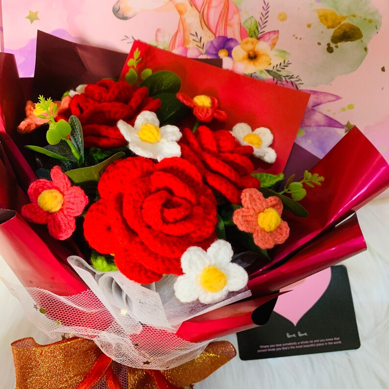 Crochet flowers bouquet handmade red rose flower ornaments cute A bunch of flower Anniversary bouquet Gift for her