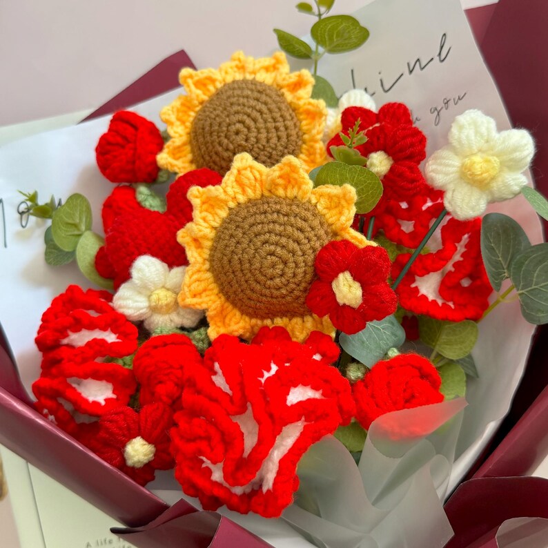 Sunflower & Carnation Inspired Crocheted Flower Bouquet: A Colorful Tribute to Nature
