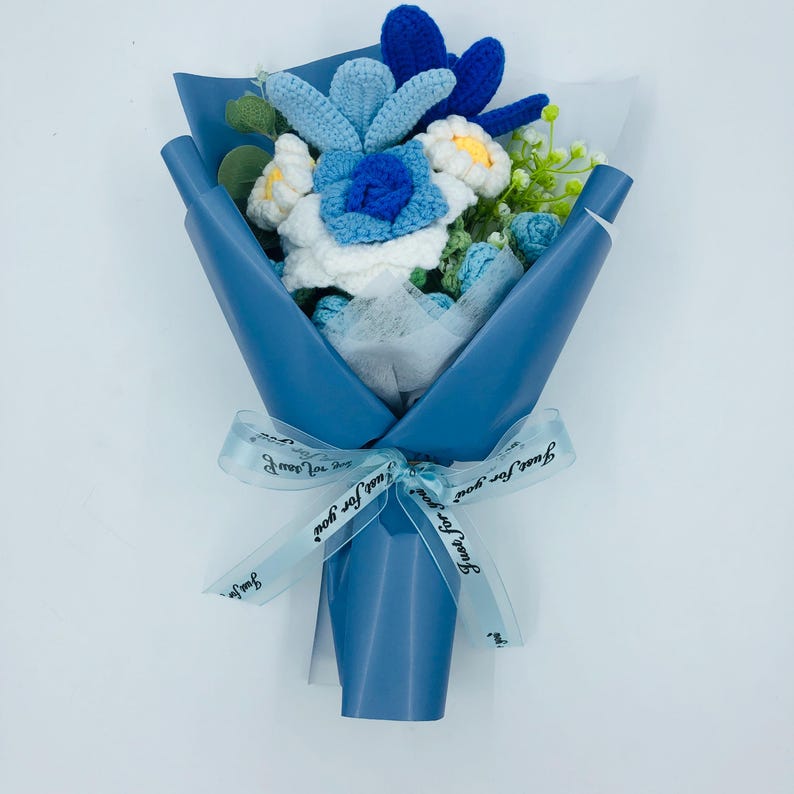 Ethereal Blue Crocheted Flower Bouquet-A Delicate Artwork