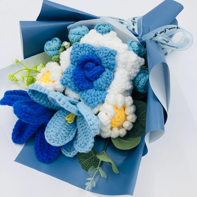 Ethereal Blue Crocheted Flower Bouquet-A Delicate Artwork