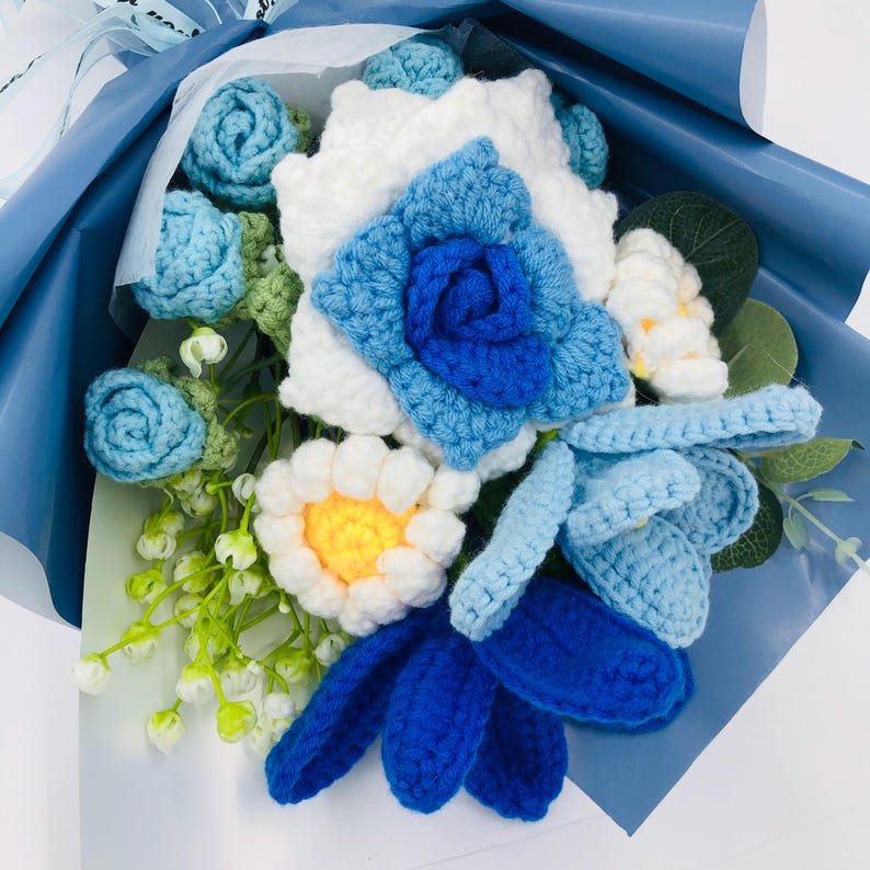 Ethereal Blue Crocheted Flower Bouquet-A Delicate Artwork