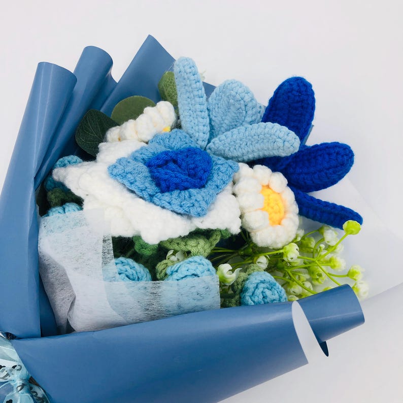 Ethereal Blue Crocheted Flower Bouquet-A Delicate Artwork