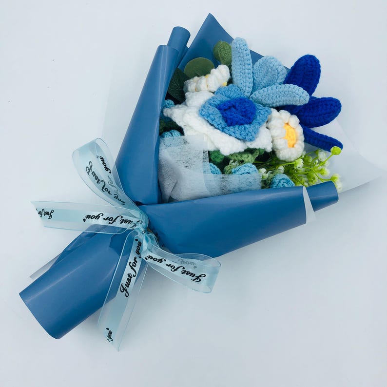 Ethereal Blue Crocheted Flower Bouquet-A Delicate Artwork