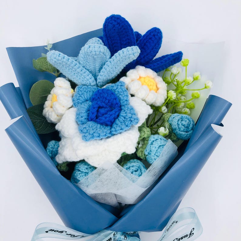 Ethereal Blue Crocheted Flower Bouquet-A Delicate Artwork