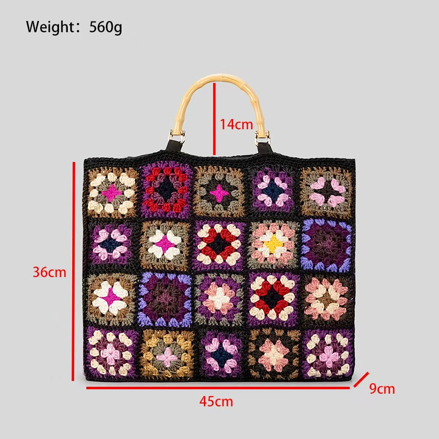 Granny Square Crochet Tote Bag with Bamboo Handles