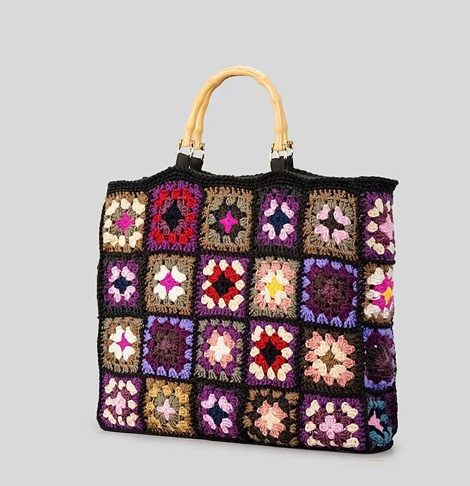 Granny Square Crochet Tote Bag with Bamboo Handles