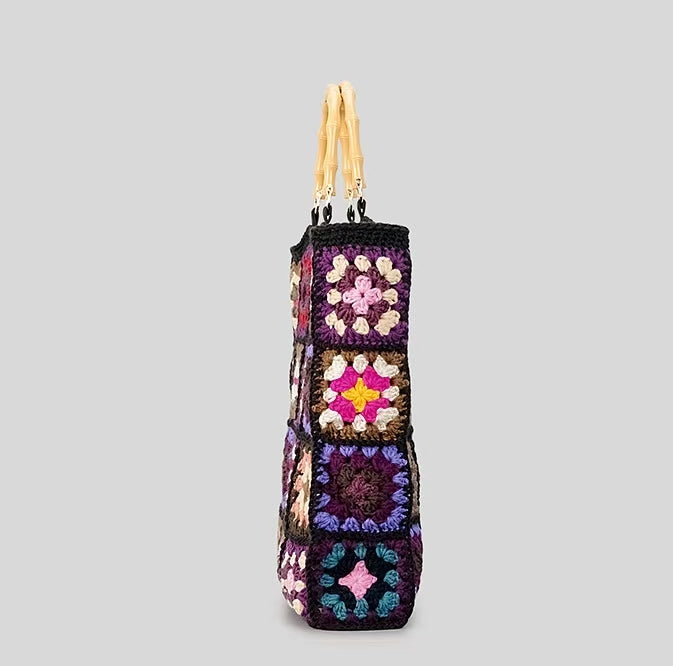 Granny Square Crochet Tote Bag with Bamboo Handles