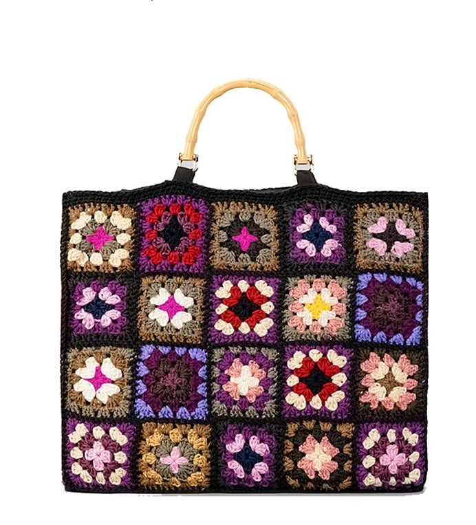 Granny Square Crochet Tote Bag with Bamboo Handles