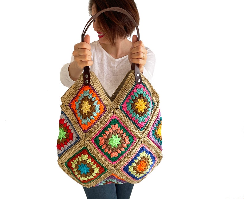 Hand Crocheted Granny Square Bag Knitted Tote Bag Shoulder Bag Beach Bag