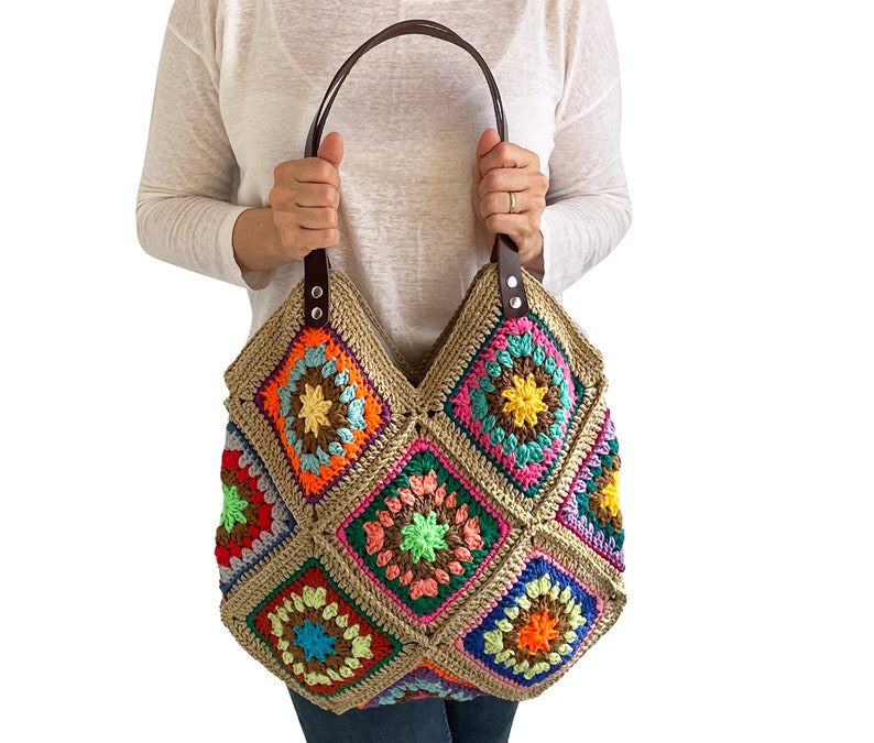 Hand Crocheted Granny Square Bag Knitted Tote Bag Shoulder Bag Beach Bag