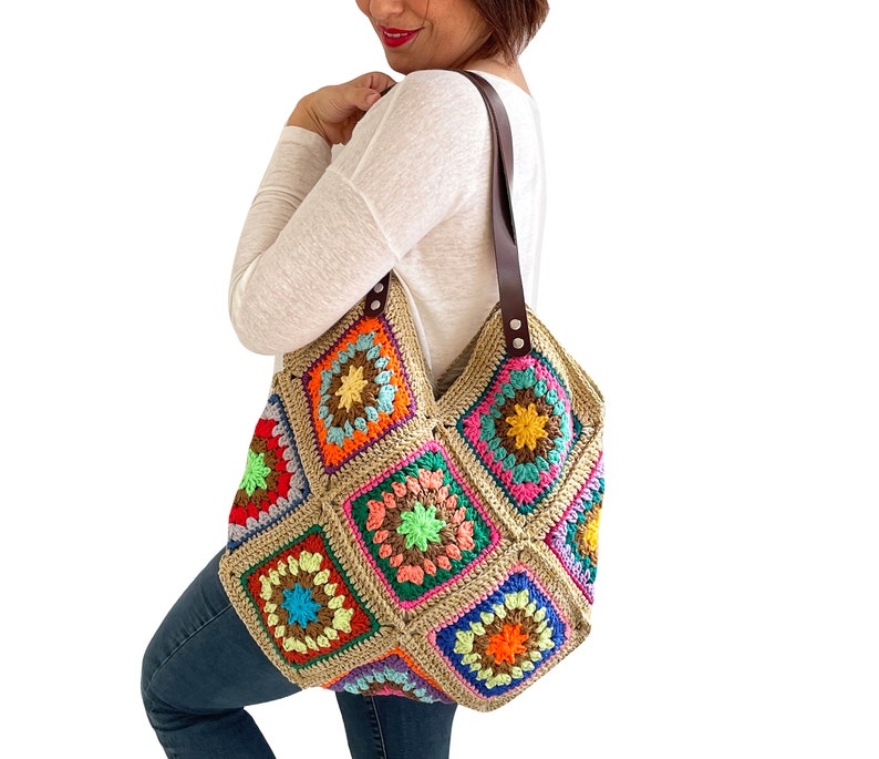Hand Crocheted Granny Square Bag Knitted Tote Bag Shoulder Bag Beach Bag