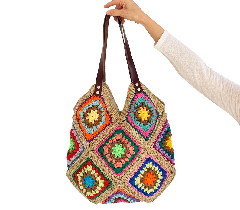 Hand Crocheted Granny Square Bag Knitted Tote Bag Shoulder Bag Beach Bag