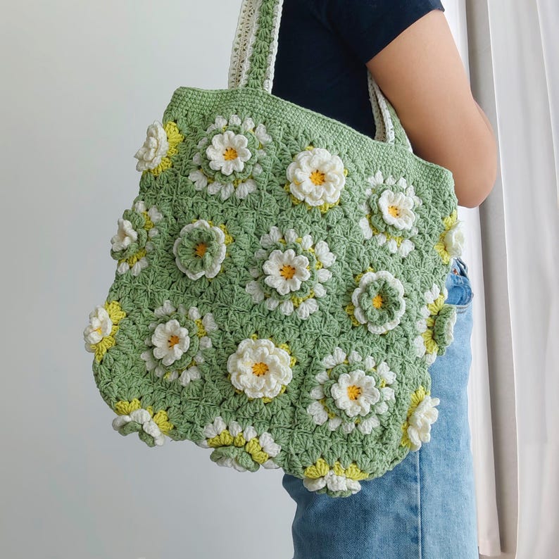 Floral Fantasy Hand-crocheted Tote Bag Green Bag with Three-Dimensional Crocheted Flowers