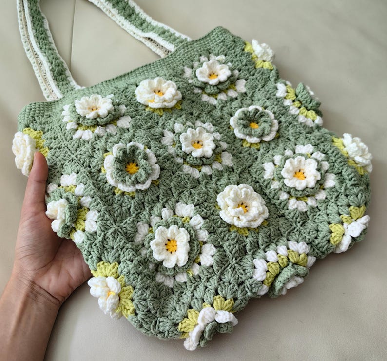 Floral Fantasy Hand-crocheted Tote Bag Green Bag with Three-Dimensional Crocheted Flowers