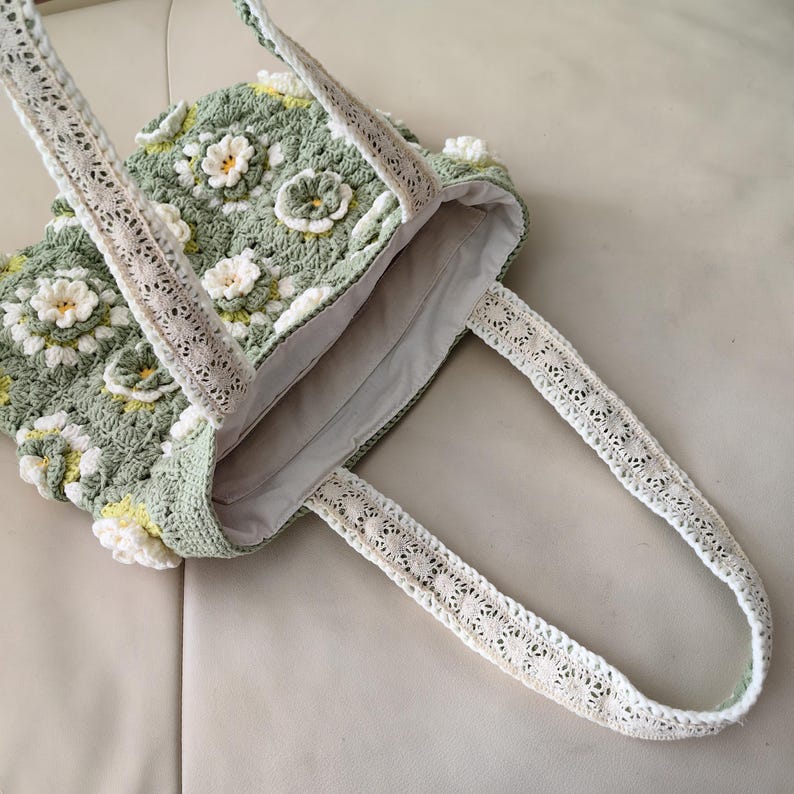 Floral Fantasy Hand-crocheted Tote Bag Green Bag with Three-Dimensional Crocheted Flowers