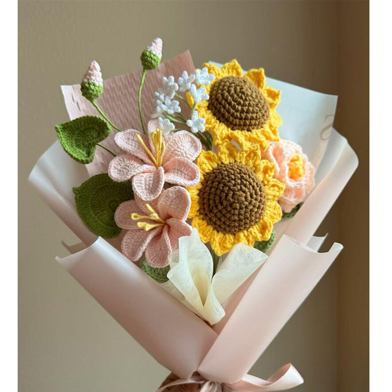 Charming Mixed Crocheted Bouquet with Sunflower & Tulip Accents