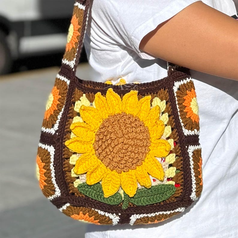 Handmade Crochet Bag Sunflower Granny Square Shoulder Bag