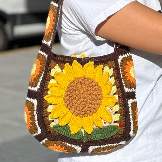 Borsa a tracolla Granny Square con motivo girasole fatta a mano all'uncinetto