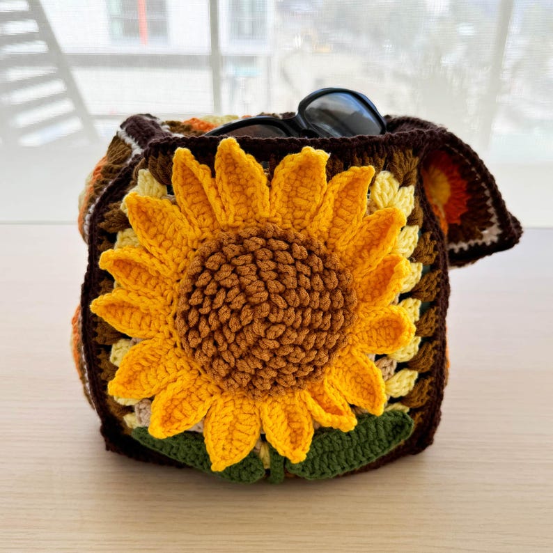 Handmade Crochet Bag Sunflower Granny Square Shoulder Bag