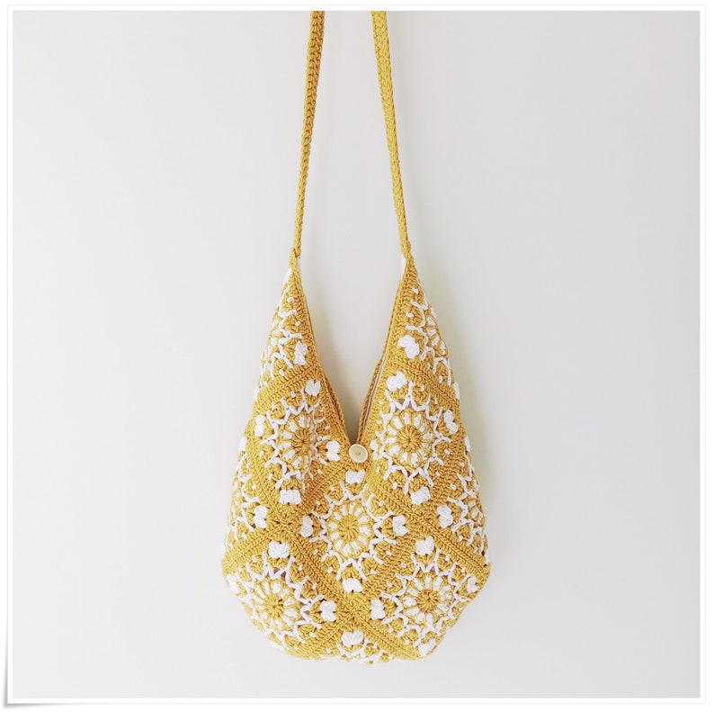Borsa a tracolla grande con motivo granny square all'uncinetto, borsa a tracolla morbida, stile boho