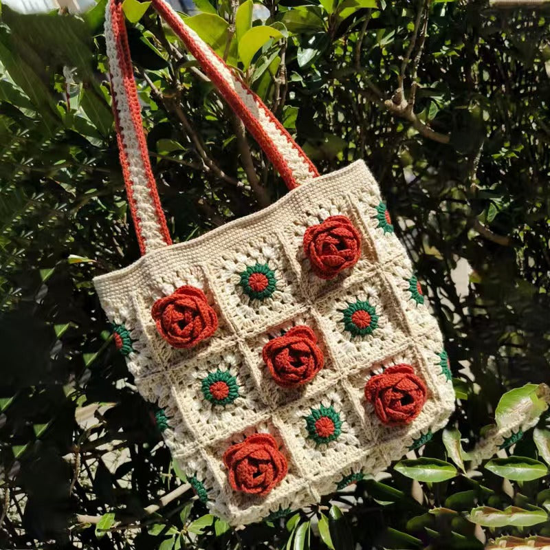 Crochet Handbag Fashion Handmade Camellia Rose Flower Bag Finish Bag As Gift