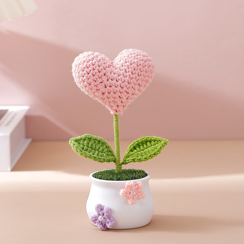 Charming Hand-Crocheted Heart-shaped Flower Potted Decoration