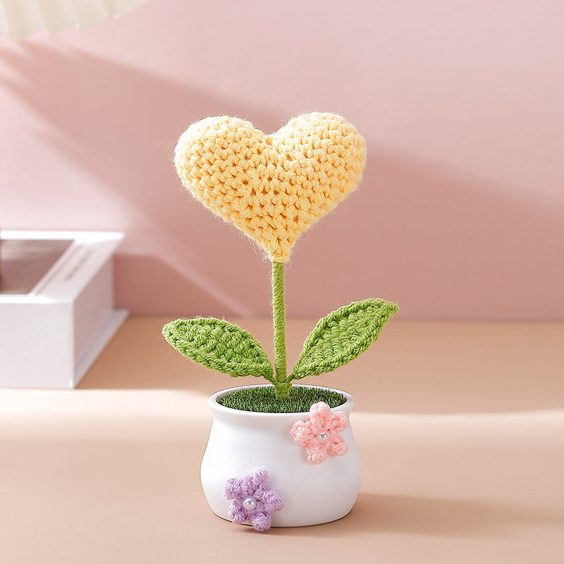 Charming Hand-Crocheted Heart-shaped Flower Potted Decoration