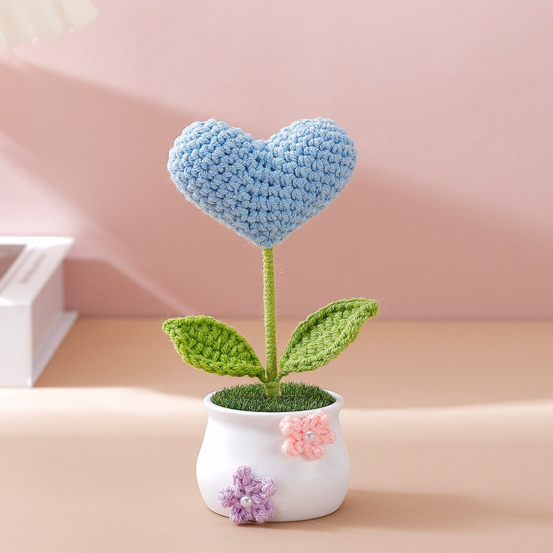 Charming Hand-Crocheted Heart-shaped Flower Potted Decoration