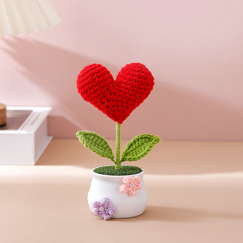 Charming Hand-Crocheted Heart-shaped Flower Potted Decoration