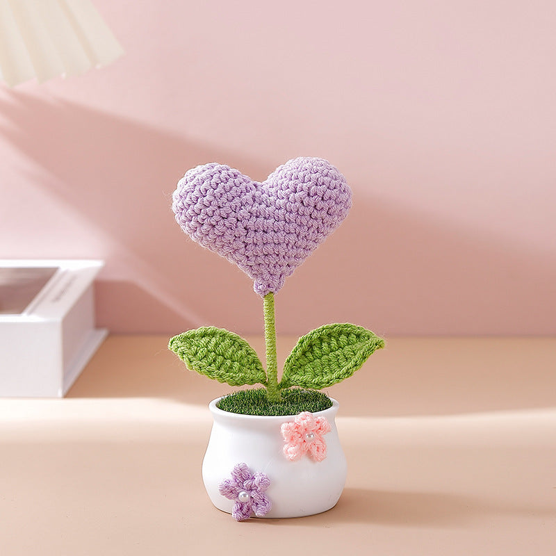 Charming Hand-Crocheted Heart-shaped Flower Potted Decoration