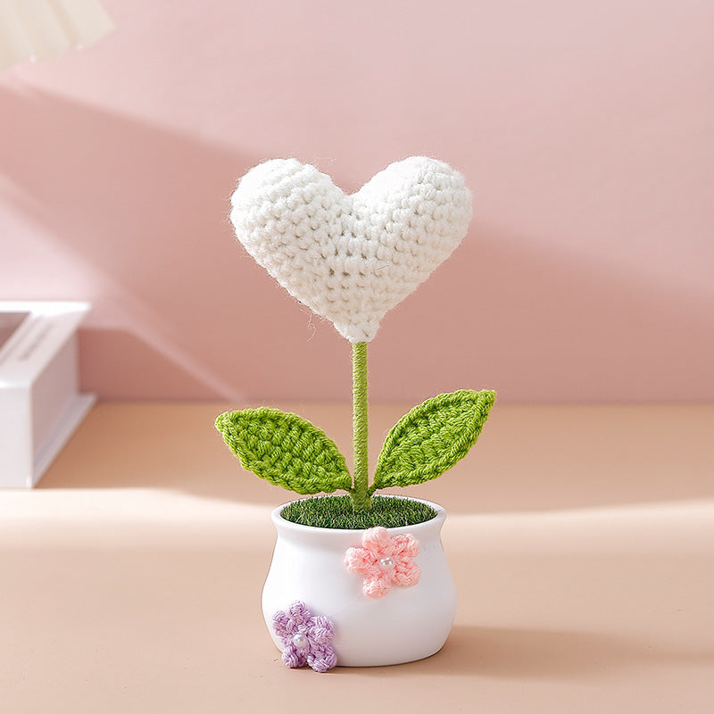 Charming Hand-Crocheted Heart-shaped Flower Potted Decoration