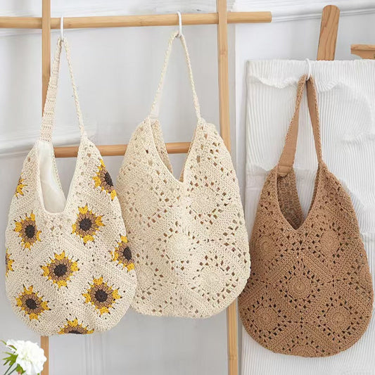 Borse tote eleganti fatte a mano all'uncinetto, motivo girasole e motivi solidi