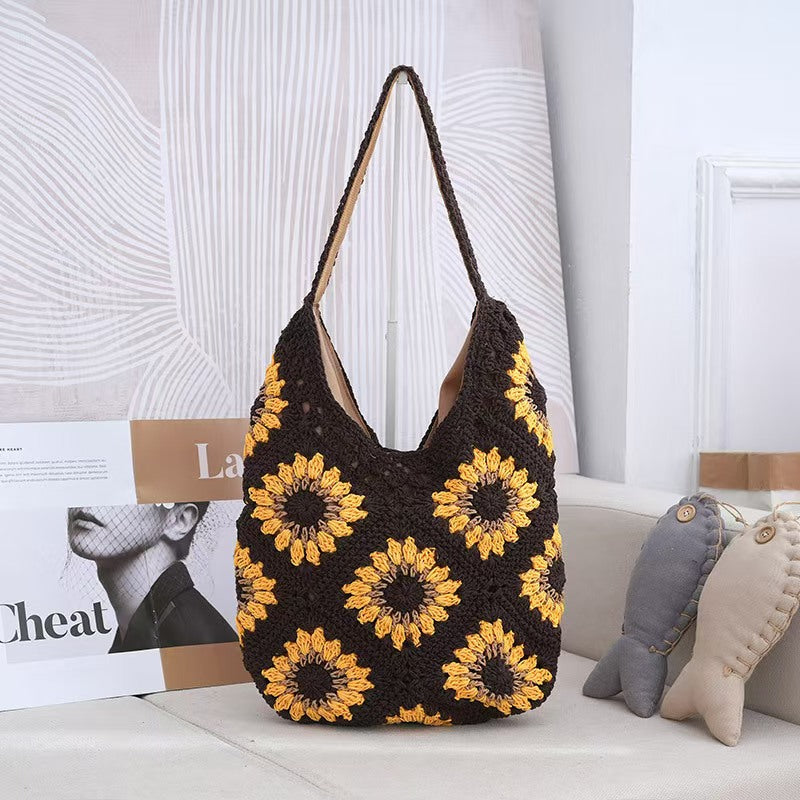 Borse tote eleganti fatte a mano all'uncinetto, motivo girasole e motivi solidi