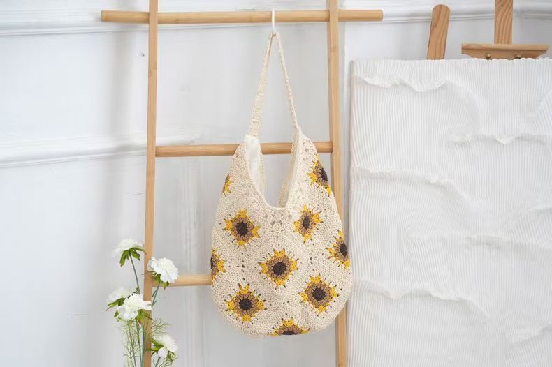 Borse tote eleganti fatte a mano all'uncinetto, motivo girasole e motivi solidi