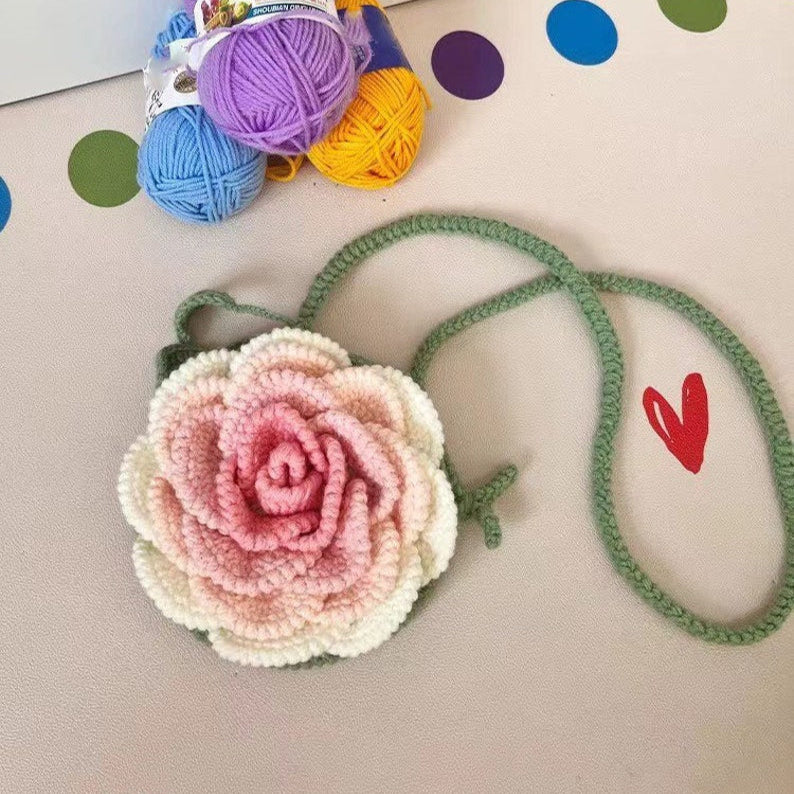 Handmade Rose Pouch Crochet Rose Bag Hand-crocheted Rose Flower Phone Bag