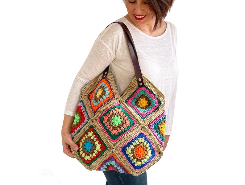 Hand Crocheted Granny Square Bag Knitted Tote Bag Shoulder Bag Beach Bag