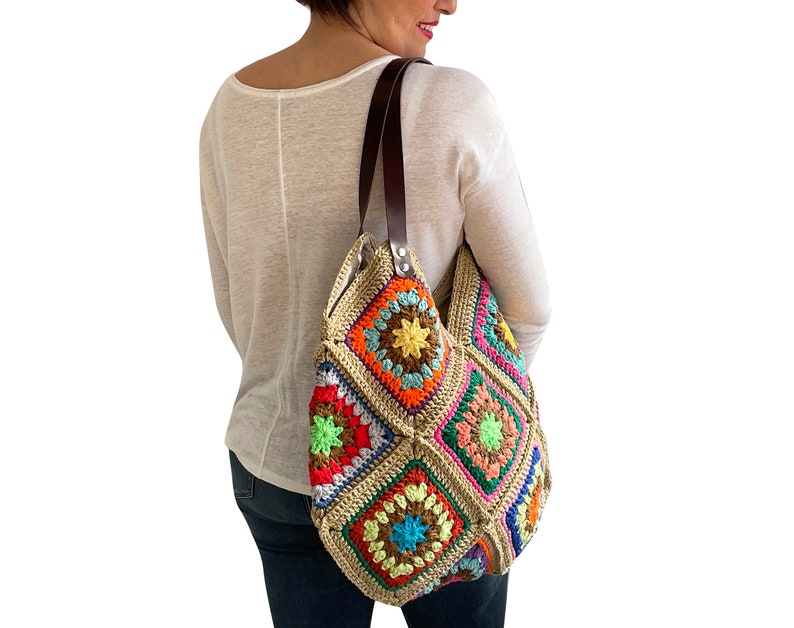 Hand Crocheted Granny Square Bag Knitted Tote Bag Shoulder Bag Beach Bag
