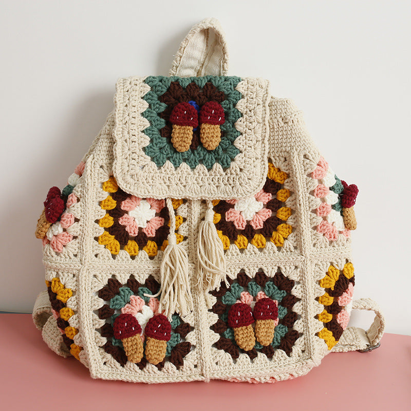 Crochet Backpack Handmade Bag Flower/Mushroom/Cherry Crochet Backpacks Floral Knit Bag Eusable Beach Bag