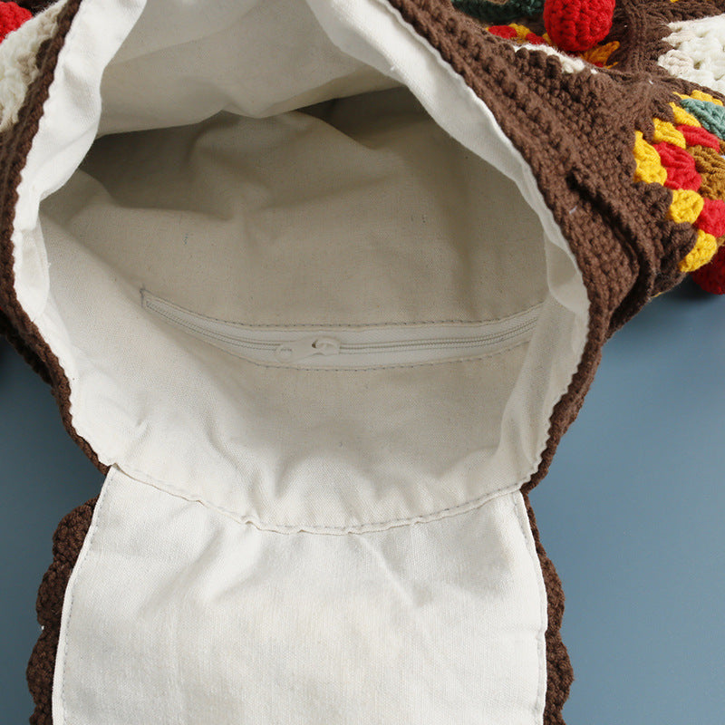 Crochet Backpack Handmade Bag Flower/Mushroom/Cherry Crochet Backpacks Floral Knit Bag Eusable Beach Bag