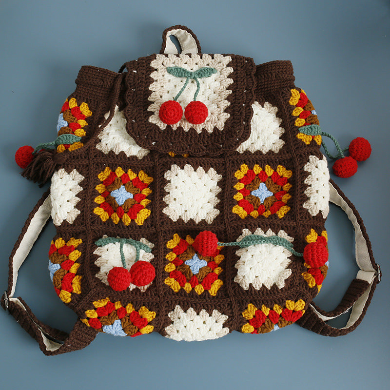 Crochet Backpack Handmade Bag Flower/Mushroom/Cherry Crochet Backpacks Floral Knit Bag Eusable Beach Bag