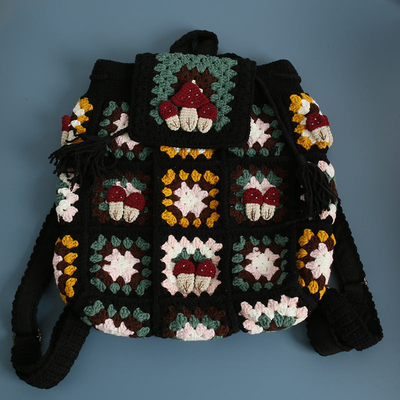 Crochet Backpack Handmade Bag Flower/Mushroom/Cherry Crochet Backpacks Floral Knit Bag Eusable Beach Bag