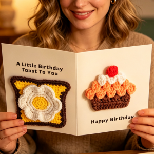 "A Little Birthday Toast To You"-Crocheted Birthday Card Handmade Greeting Card – Toast Cake Design